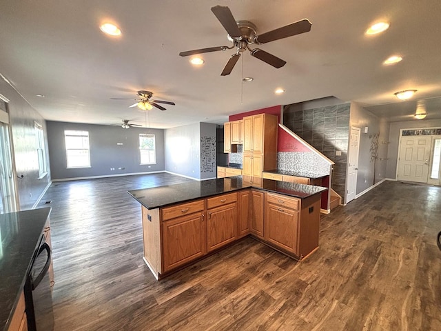 1805 Clarence Rd, Joliet, IL 60431 - kitchen featuring ceiling fan, dark wood-type flooring, recessed lighting, open floor plan, and dark countertops