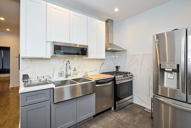 1931 N Leamington Ave, Chicago, IL 60639 - kitchen featuring appliances with stainless steel finishes, wall chimney exhaust hood, gray cabinets, recessed lighting, and light countertops