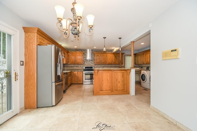 15516 Frontage Rd, Markham, IL 60428 - kitchen with stainless steel appliances, wall chimney range hood, tasteful backsplash, a chandelier, and recessed lighting