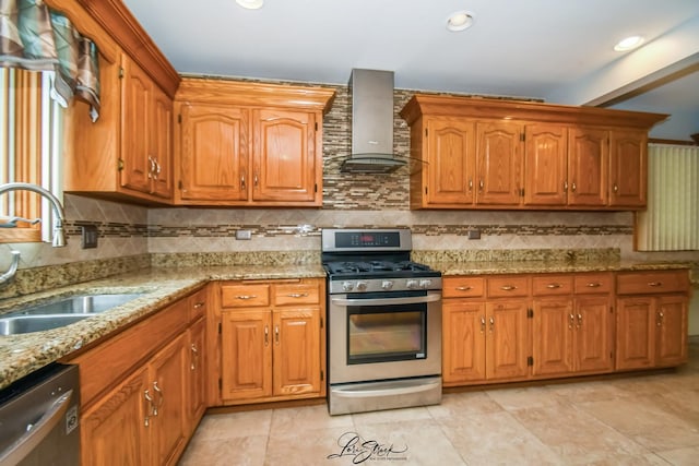 15516 Frontage Rd, Markham, IL 60428 - kitchen featuring appliances with stainless steel finishes, wall chimney exhaust hood, brown cabinets, backsplash, and recessed lighting