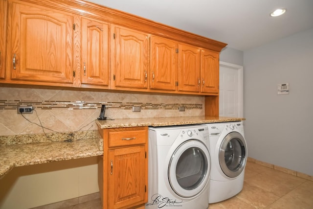 15516 Frontage Rd, Markham, IL 60428 - laundry room with cabinet space, washer and clothes dryer, recessed lighting, and light tile patterned flooring