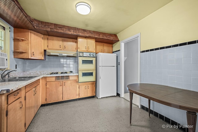 4421 Elmleaf Dr, Mchenry, IL 60051 - kitchen featuring white appliances, under cabinet range hood, tile walls, light countertops, and open shelves