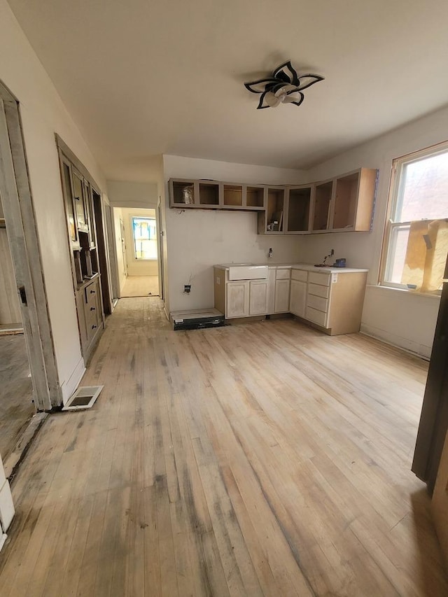 2854 S Central Park Ave, Chicago, IL 60623 - kitchen with light wood finished floors, a ceiling fan, and open shelves