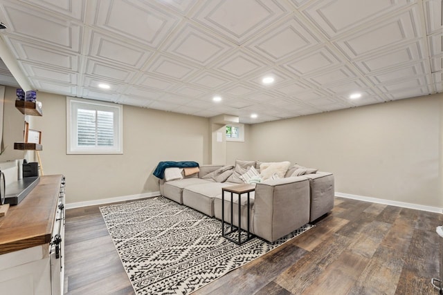 1507 Eton Ln, Naperville, IL 60565 - living area featuring dark wood-style floors, recessed lighting, and an ornate ceiling