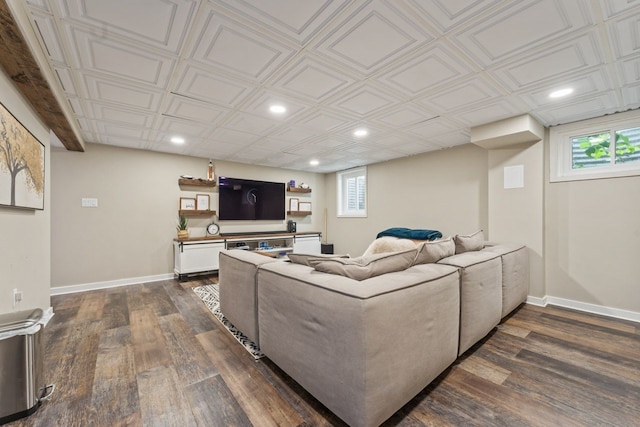 1507 Eton Ln, Naperville, IL 60565 - living room featuring dark wood finished floors, recessed lighting, plenty of natural light, and an ornate ceiling