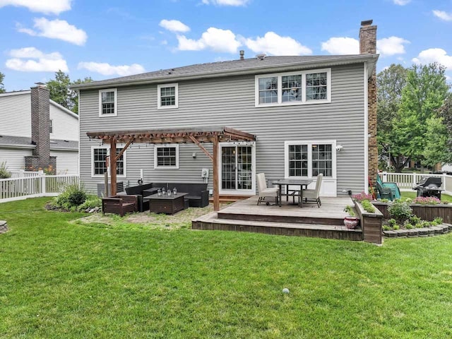 1507 Eton Ln, Naperville, IL 60565 - rear view of house featuring an outdoor hangout area, a pergola, a deck, a chimney, and outdoor dining area