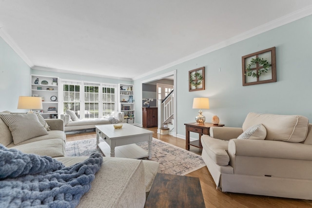 1507 Eton Ln, Naperville, IL 60565 - living room with ornamental molding, wood finished floors, and stairs