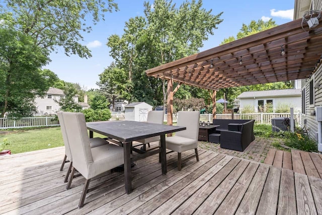 1507 Eton Ln, Naperville, IL 60565 - wooden terrace featuring an outdoor hangout area, outdoor dining area, a pergola, and a storage unit