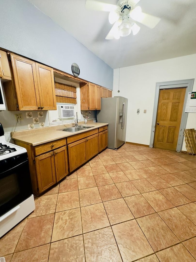 4817 W 28th St, Cicero, IL 60804 - kitchen with range, stainless steel fridge with ice dispenser, ceiling fan, light countertops, and brown cabinetry
