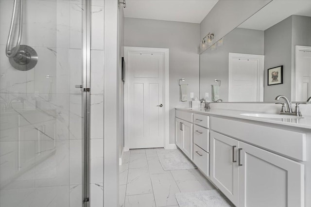 507 Raef Rd, Downs, IL 61736 - bathroom with marble look tile flooring, a marble finish shower, and double vanity