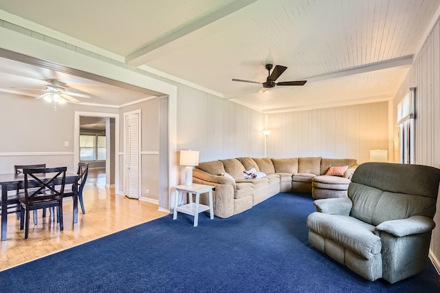 11341 S Spaulding Ave, Chicago, IL 60655 - living area featuring a ceiling fan, wood finished floors, beam ceiling, and crown molding