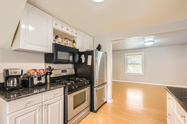 11341 S Spaulding Ave, Chicago, IL 60655 - kitchen with stainless steel appliances, light wood finished floors, white cabinets, dark stone countertops, and open shelves