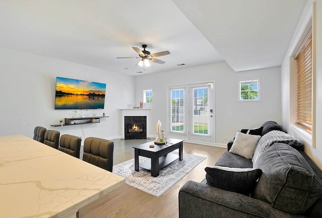 2355 W Congress Pkwy Unit 1, Chicago, IL 60612 - living room featuring light wood-type flooring, a ceiling fan, and a fireplace