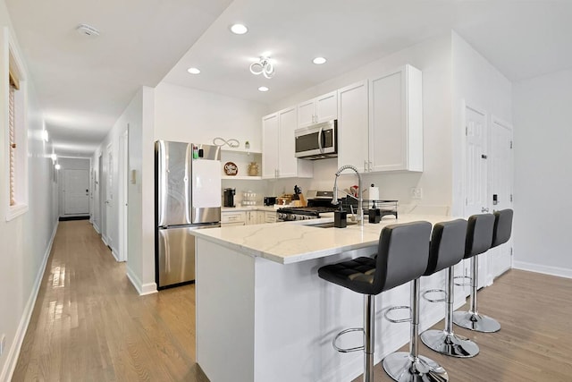 2355 W Congress Pkwy Unit 1, Chicago, IL 60612 - kitchen with stainless steel appliances, a peninsula, open shelves, light wood-type flooring, and light stone counters