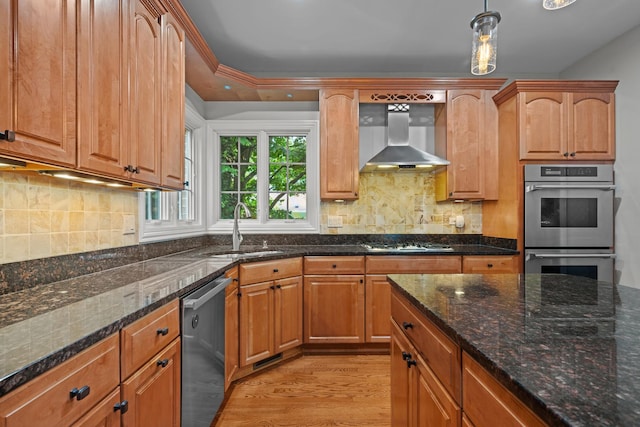 2210 Center Ave, Northbrook, IL 60062 - kitchen featuring stainless steel appliances, light wood-style flooring, wall chimney range hood, and dark stone countertops