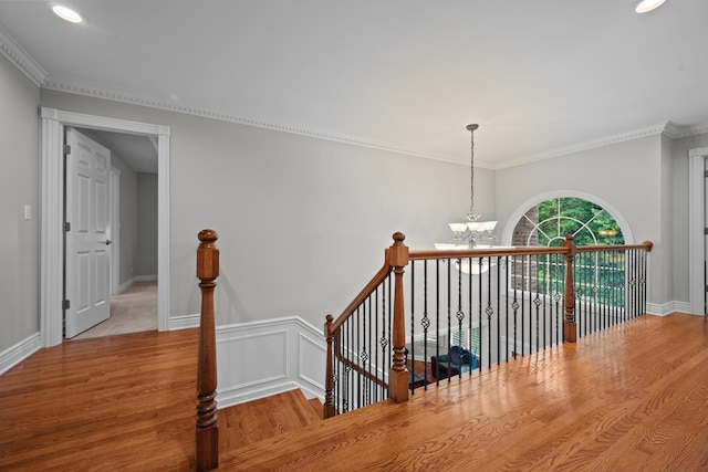 2210 Center Ave, Northbrook, IL 60062 - hall featuring a chandelier, an upstairs landing, wood finished floors, crown molding, and recessed lighting