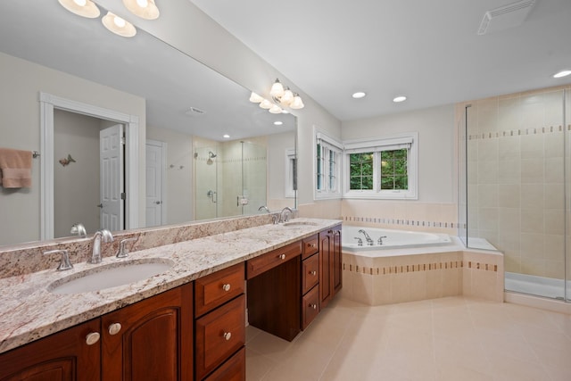 2210 Center Ave, Northbrook, IL 60062 - bathroom with tile patterned flooring, a stall shower, double vanity, a bath, and recessed lighting