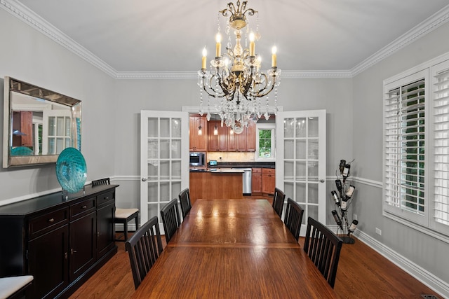 2210 Center Ave, Northbrook, IL 60062 - dining space featuring dark wood-style floors, a chandelier, ornamental molding, and french doors