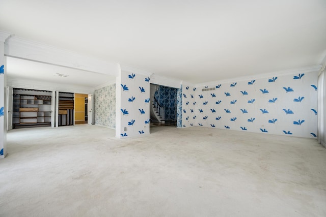20020 Western Ave, Olympia Fields, IL 60461 - unfurnished living room with ornamental molding, wallpapered walls, and carpet