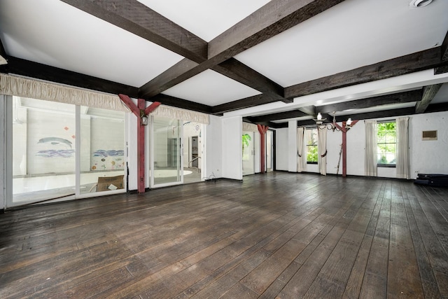 20020 Western Ave, Olympia Fields, IL 60461 - unfurnished living room featuring a chandelier, wood-type flooring, beam ceiling, and coffered ceiling