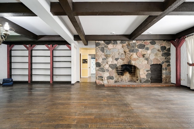 20020 Western Ave, Olympia Fields, IL 60461 - unfurnished living room with hardwood / wood-style flooring, a fireplace, and beamed ceiling