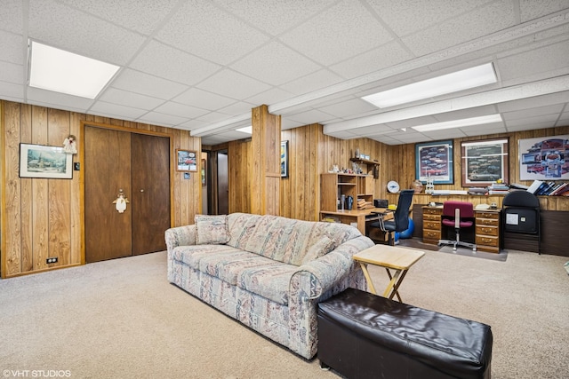 1583 Bayview Dr, Lake Zurich, IL 60047 - carpeted living room with an office area, a paneled ceiling, and wooden walls