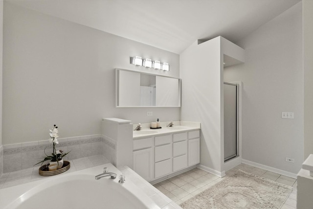 377 Aaron Ln, Bolingbrook, IL 60440 - bathroom with double vanity, a garden tub, tile patterned floors, and a shower stall
