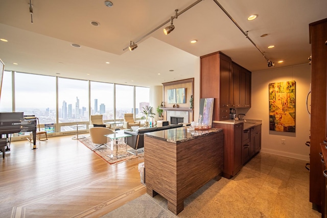 340 E Randolph St Unit 4703, Chicago, IL 60601 - kitchen with a fireplace, brown cabinets, expansive windows, recessed lighting, and open floor plan