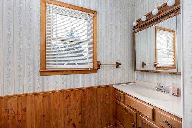 132 New St, Seneca, IL 61360 - bathroom featuring vanity, wallpapered walls, a wainscoted wall, and wooden walls
