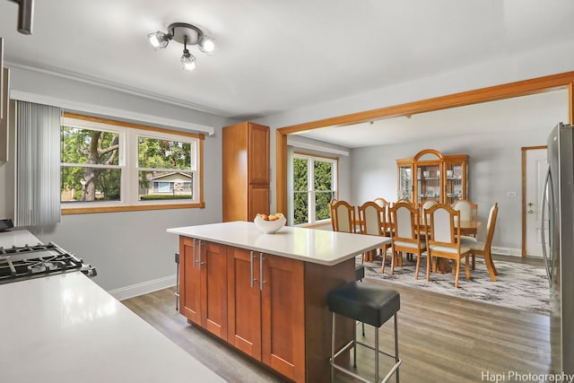1569 Sherman Pl, Des Plaines, IL 60016 - kitchen featuring freestanding refrigerator, light countertops, light wood-type flooring, a kitchen breakfast bar, and a kitchen island