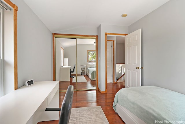 1569 Sherman Pl, Des Plaines, IL 60016 - bedroom featuring lofted ceiling, dark wood-style flooring, a closet, and a desk