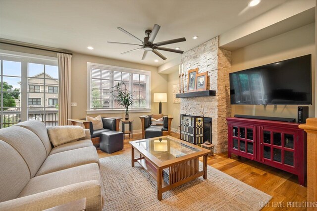 520 Ohio Ave, Saint Charles, IL 60174 - living room featuring a ceiling fan, a fireplace, wood finished floors, and recessed lighting