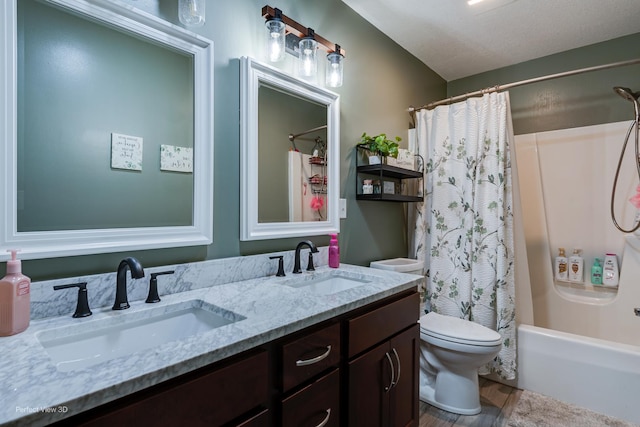 1245 Patriot Way, Bourbonnais, IL 60914 - bathroom featuring double vanity, shower / bathtub combination with curtain, and wood finished floors