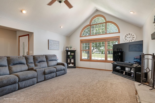1245 Patriot Way, Bourbonnais, IL 60914 - carpeted living room with a ceiling fan and high vaulted ceiling