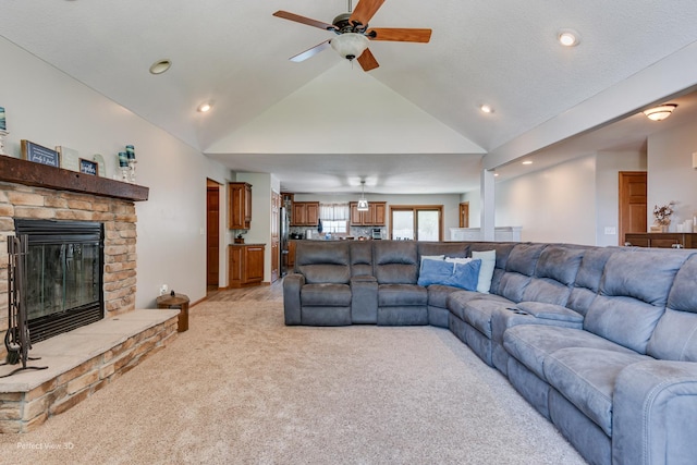 1245 Patriot Way, Bourbonnais, IL 60914 - living area featuring light carpet, a ceiling fan, vaulted ceiling, a fireplace, and recessed lighting
