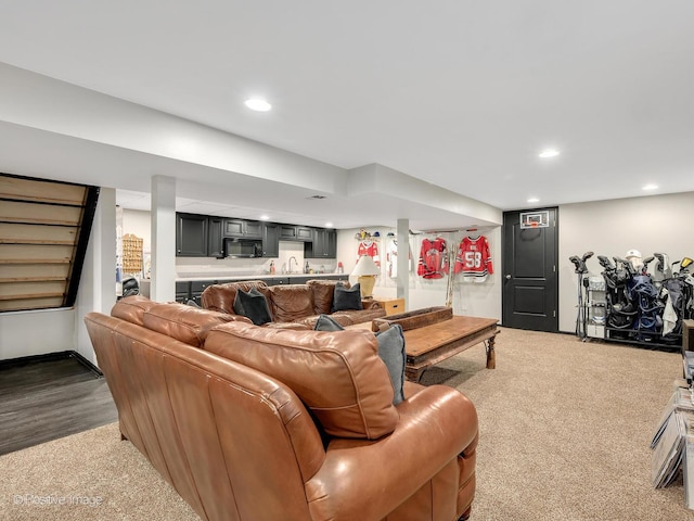 262 Sheffield Ln, Glen Ellyn, IL 60137 - living room featuring recessed lighting, stairs, dark colored carpet, and bar area
