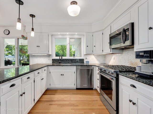 262 Sheffield Ln, Glen Ellyn, IL 60137 - kitchen featuring stainless steel appliances, white cabinetry, dark stone counters, ornamental molding, and tasteful backsplash