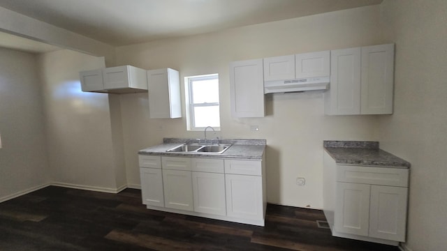 1233 Otto Blvd, Chicago Heights, IL 60411 - kitchen with under cabinet range hood, dark wood-style flooring, and white cabinets