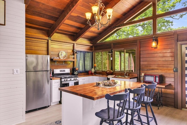 131 Shawnee Ln, Loda, IL 60948 - kitchen featuring stainless steel appliances, wood counters, light wood-style flooring, wood walls, and wood ceiling