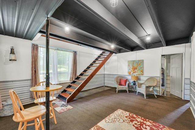 131 Shawnee Ln, Loda, IL 60948 - sitting room with carpet flooring, beamed ceiling, and stairway