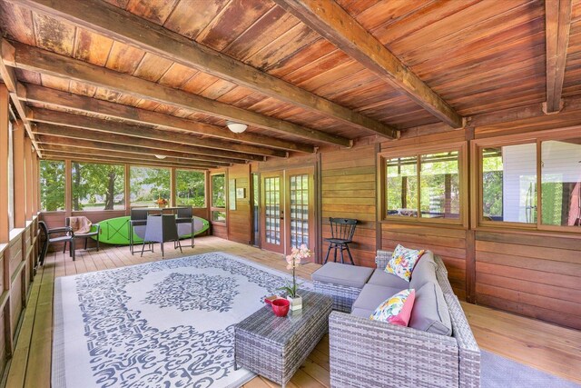 131 Shawnee Ln, Loda, IL 60948 - sunroom / solarium featuring french doors, an outdoor living space, and beamed ceiling