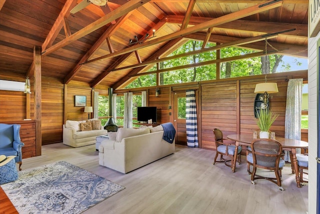 131 Shawnee Ln, Loda, IL 60948 - living room featuring a wood ceiling with exposed beams, wooden walls, wood finished floors, and high vaulted ceiling