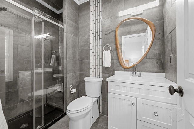 0N423 Armstrong Ln, Geneva, IL 60134 - full bathroom featuring vanity, tile walls, a shower stall, and tile patterned floors