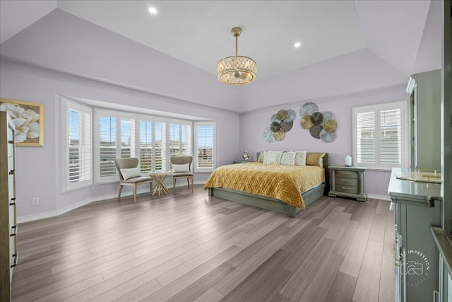 0N423 Armstrong Ln, Geneva, IL 60134 - bedroom with a chandelier, wood finished floors, recessed lighting, and vaulted ceiling