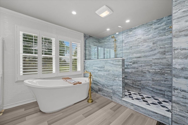 0N423 Armstrong Ln, Geneva, IL 60134 - bathroom with a marble finish shower, wood finished floors, a freestanding tub, and recessed lighting