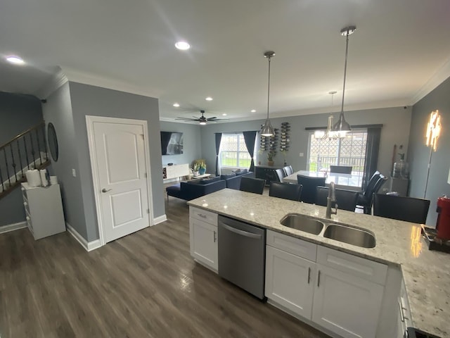7009 W Crandall Ave, Worth, IL 60482 - kitchen featuring dishwasher, ornamental molding, white cabinetry, open floor plan, and dark wood-style flooring