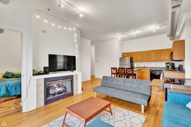1000 E 53rd St Unit 501, Chicago, IL 60615 - living area with rail lighting, light wood-type flooring, and a tile fireplace