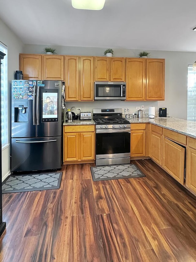 4199 Milford Ln Unit 4199, Aurora, IL 60504 - kitchen with appliances with stainless steel finishes, plenty of natural light, dark wood-style floors, and light stone counters