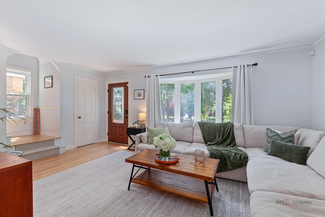 1923 Warren St, Evanston, IL 60202 - living area featuring arched walkways, wood finished floors, and crown molding