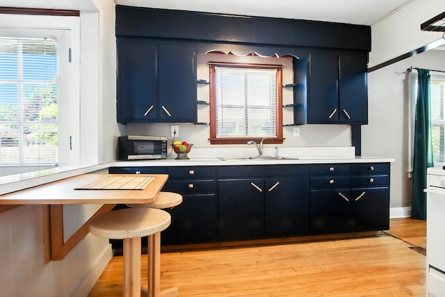 907 W Grove Ave, Waukegan, IL 60085 - kitchen with stainless steel microwave, open shelves, light countertops, light wood-style flooring, and blue cabinetry